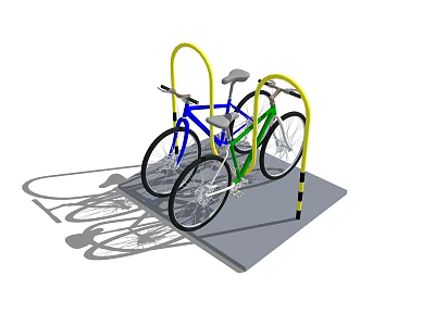 Outdoor Bicycle Rack With Yellow Frame Holding Blue And Green Bikes On Platform 3d model