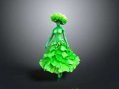 Green Artistic Woman With Flower Like Head And Leafy Layered Dress Design 3d model