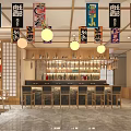 Japanese Restaurant Interior With Cherry Blossom Decorations Lanterns Wooden Partitions Geisha Murals And Dining Seats