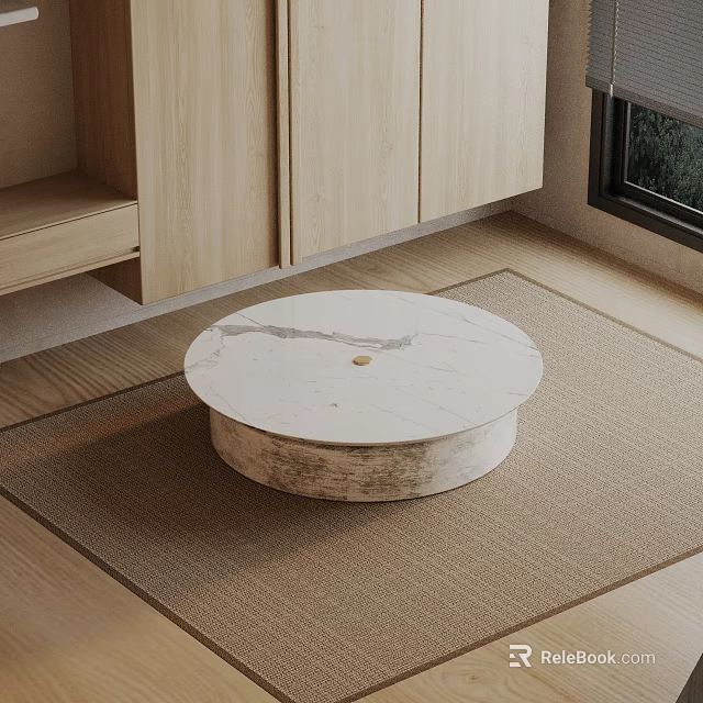 Modern Sofa With Round Marble Coffee Table Set On Beige Carpet In Living Room Interior 3d model 