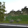 Municipal Road Green Landscape With Trees Shrubs Lawn Stone Pavement And Rock