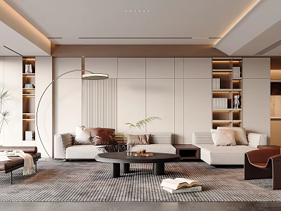 Modern Living Room Interior With Sofa Coffee Table Rug Floor Lamp And Bookshelves 3d model