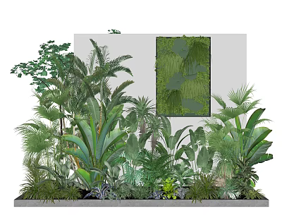 Various Tropical Green Plants With Large Leaves In Indoor Wall Arrangement 3d model