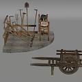 Traditional Wooden Farming Tools On Stone Platform With Plow Fork Wheelbarrow And Woven Bags