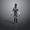 Humanoid Robot Character In Black Silver With Yellow Accents And Full Body Standing Design