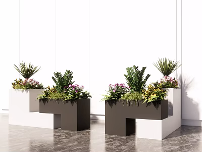 Modern Geometric Flower Planters In White And Dark Gray Holding Various Greenery And Flowers 3d model