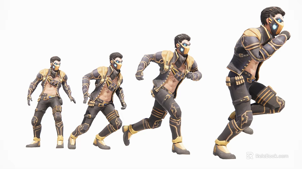 Man In Black And Gold Masked Outfit Running With Multiple Dynamic Action Poses 3d model 