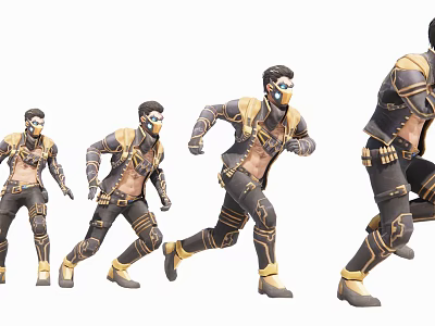 Man In Black And Gold Masked Outfit Running With Multiple Dynamic Action Poses 3d model