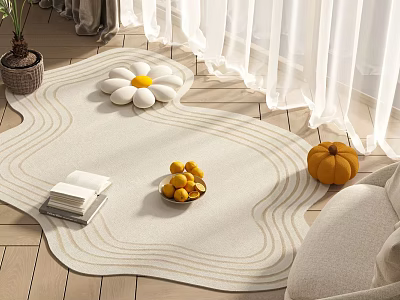 Shaped Rug with Wavy Lines on Wooden Floor Featuring Books Bowl of Lemons and Pumpkin 3d model