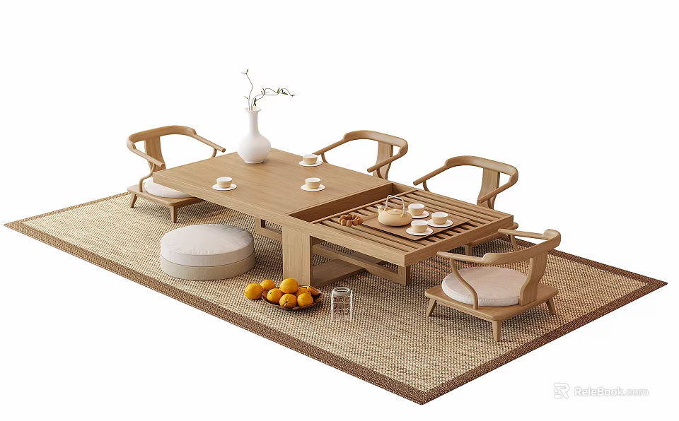 Natural Wooden Tea Table and Chairs with Tea Set Vase Cushion and Fruits on Rug 3d model 