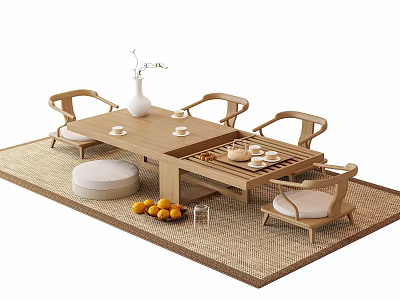 Natural Wooden Tea Table and Chairs with Tea Set Vase Cushion and Fruits on Rug 3d model