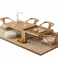 Natural Wooden Tea Table and Chairs with Tea Set Vase Cushion and Fruits on Rug