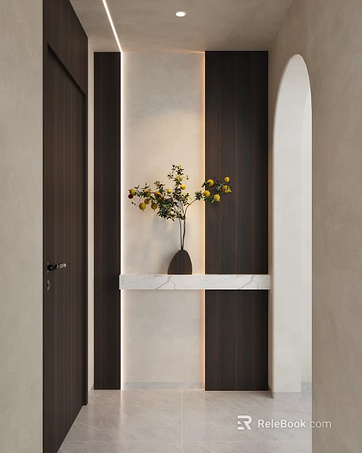 Modern Wooden Partition Design With White Marble Shelf Decorative Vase Yellow Flowers And Warm Lighting 3d model 