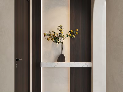 Modern Wooden Partition Design With White Marble Shelf Decorative Vase Yellow Flowers And Warm Lighting 3d model