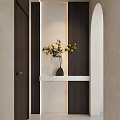 Modern Wooden Partition Design With White Marble Shelf Decorative Vase Yellow Flowers And Warm Lighting