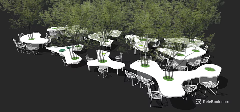 Outdoor Garden Table and Chair Set With White Design And Green Plant Center 3d model 