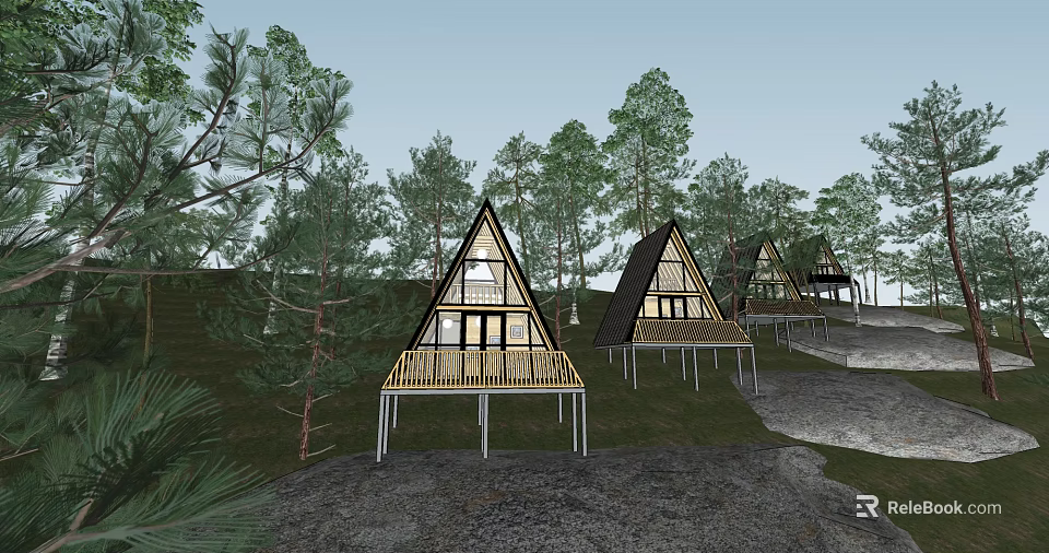 Triangular Roof Wooden Cabins With Elevated Decks In Natural Forest Setting 3d model