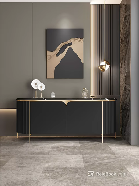 Modern Luxury Entryway Console Cabinet With Black Gold Frame Decorative Painting And Wall Lamp 3d model 