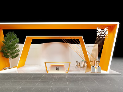 Modern Exhibition Booth With Orange Geometric Frame Reception Desk Green Plant And Seating Area 3d model