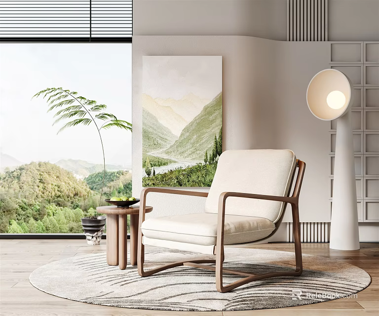 Single Sofa with Wooden Frame Beige Upholstery Round Rug and Floor Lamp in Living Room 3d model 