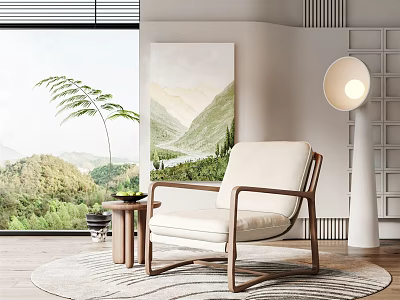 Single Sofa with Wooden Frame Beige Upholstery Round Rug and Floor Lamp in Living Room 3d model