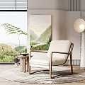 Single Sofa with Wooden Frame Beige Upholstery Round Rug and Floor Lamp in Living Room