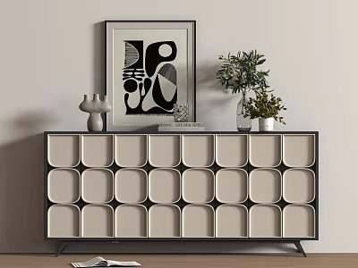 Modern Console Cabinet With Square Grid Design And Decorative Vase Plant Artwork 3d model