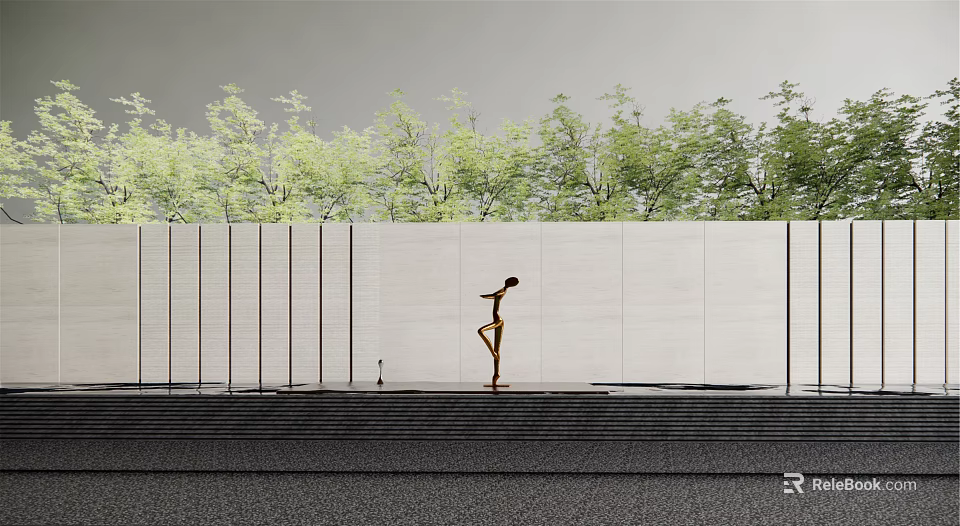 White Stone Feature Wall With Green Trees Backdrop And Person Walking Near Water 3d model 