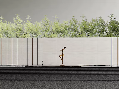 White Stone Feature Wall With Green Trees Backdrop And Person Walking Near Water 3d model