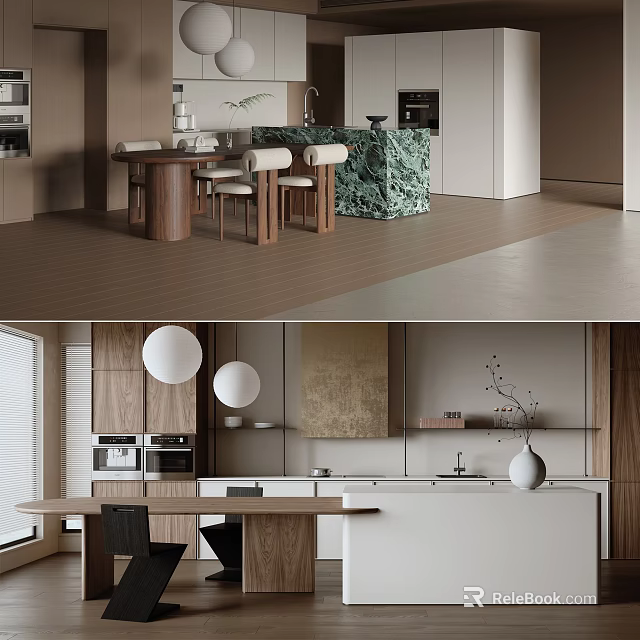 Modern Dining Table Set With Wooden Table Chairs And Marble Kitchen Island 3d model