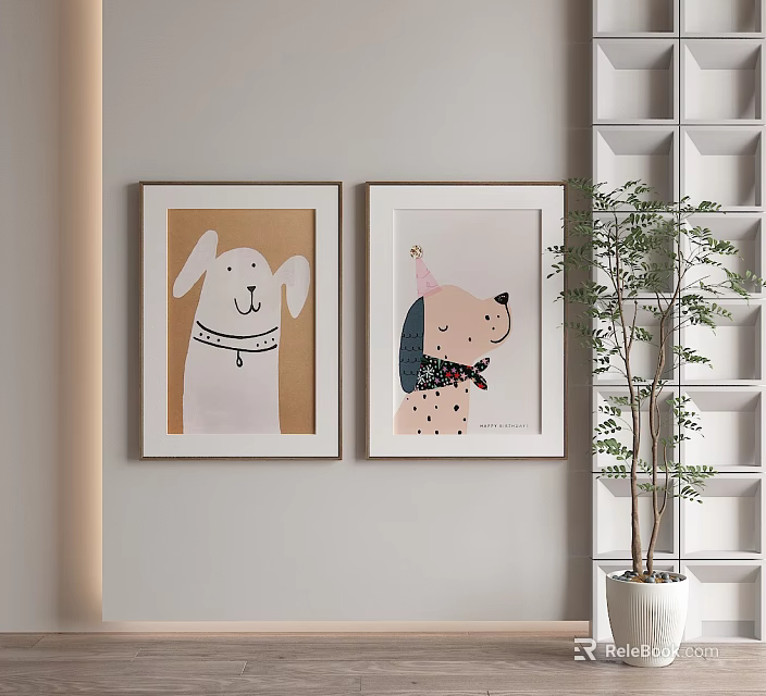 Two Abstract Dog Paintings Hanging on Wall in Minimalist Room Interior With Bookshelf and Plant 3d model 