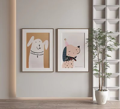 Two Abstract Dog Paintings Hanging on Wall in Minimalist Room Interior With Bookshelf and Plant 3d model