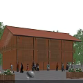 Traditional Wooden Ancient Building Two Story Red Roof With People Trees Flower Planters and Balls