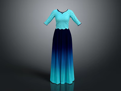 Light And Dark Blue Gradient Long Dress With Lace Upper Part And Three Quarter Sleeves 3d model