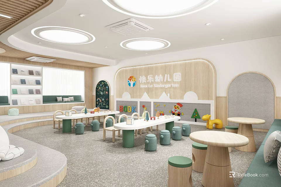 Kindergarten Interior With Round Ceiling Lights Bookshelves Colorful Tables And Green Stools 3d model 