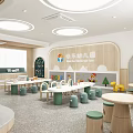 Kindergarten Interior With Round Ceiling Lights Bookshelves Colorful Tables And Green Stools