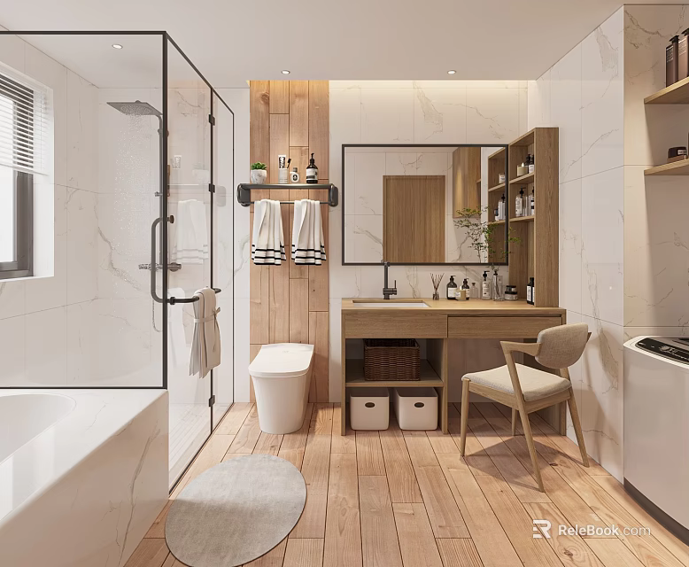 Modern Bathroom Interior With Glass Shower And Wooden Details 3d model 