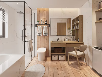 Modern Bathroom Interior With Glass Shower And Wooden Details 3d model