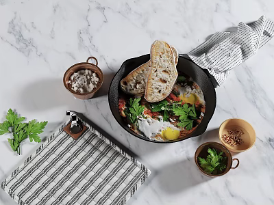 Delicious Skillet Dish With Vegetables Eggs And Toasted Bread On Marble Countertop 3d model