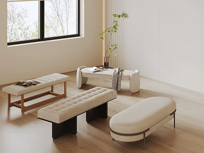 Modern Minimalist Interior Beige Upholstered Sofa Bench With Metal Legs Wooden Floor And Window Plant 3d model