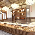 Chinese Style Dessert Shop Interior With Wooden Decor Lanterns And Display Cases Of Pastries