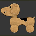 Wooden Dog Toy With Black Spots And Wheels For Kids On Dark Reflective Background