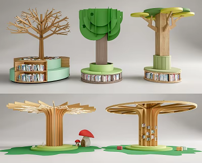 Creative Tree Shaped Pillar Design With Bookshelves And Green Base Decorative Elements 3d model