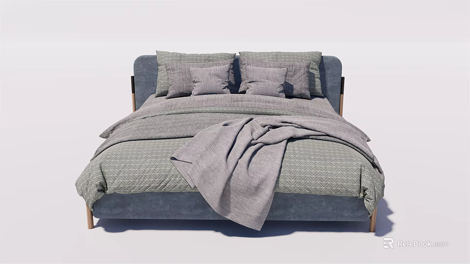 Modern Double Bed With Blue Headboard Gray Bedding And Cozy Blanket 3d model