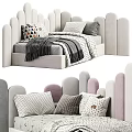 Kids Bed With Curved Headboard Soft Grey And Pink Decorative Pillows Patterned Blankets