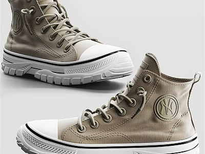 High Top Khaki Canvas Shoes With NY Logo And White Sole Lace Up Design 3d model
