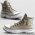 High Top Khaki Canvas Shoes With NY Logo And White Sole Lace Up Design