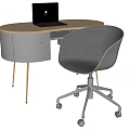 Modern Oval Office Desk With Light Wood Top Golden Legs And Gray Padded Chair With Wheels