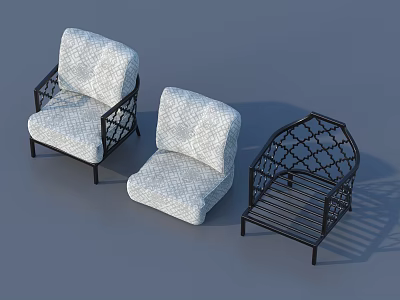 Three Piece Modern Single Sofa Set With White Cushion And Black Metal Lattice Frame 3d model