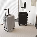 Modern Silver And Black Suitcases With Telescopic Handle And Rolling Wheels In Indoor Space